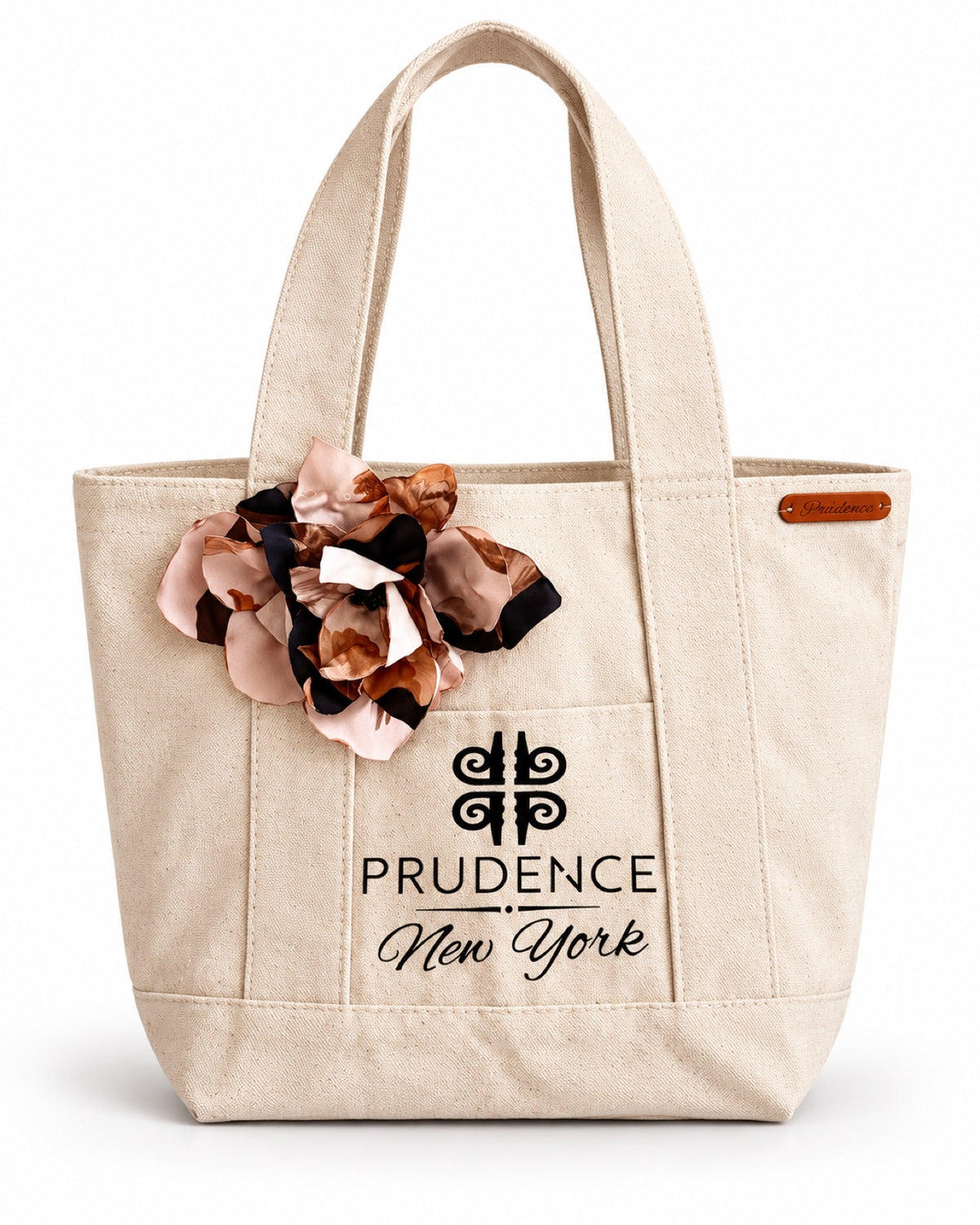 Prudence Signature Flower Tote — natural canvas tote with handmade satin flower and Prudence New York emblem