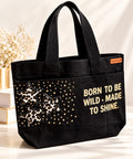 Born to Be Wild Tote by Prudence New York — black canvas tote with leopard stars and gold studs