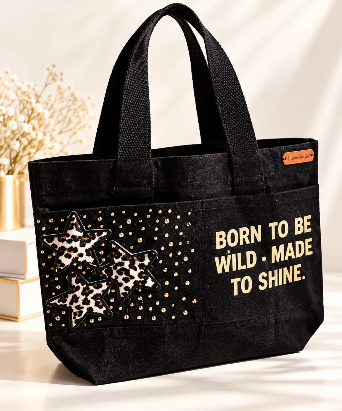 Born to Be Wild Tote by Prudence New York — black canvas tote with leopard stars and gold studs