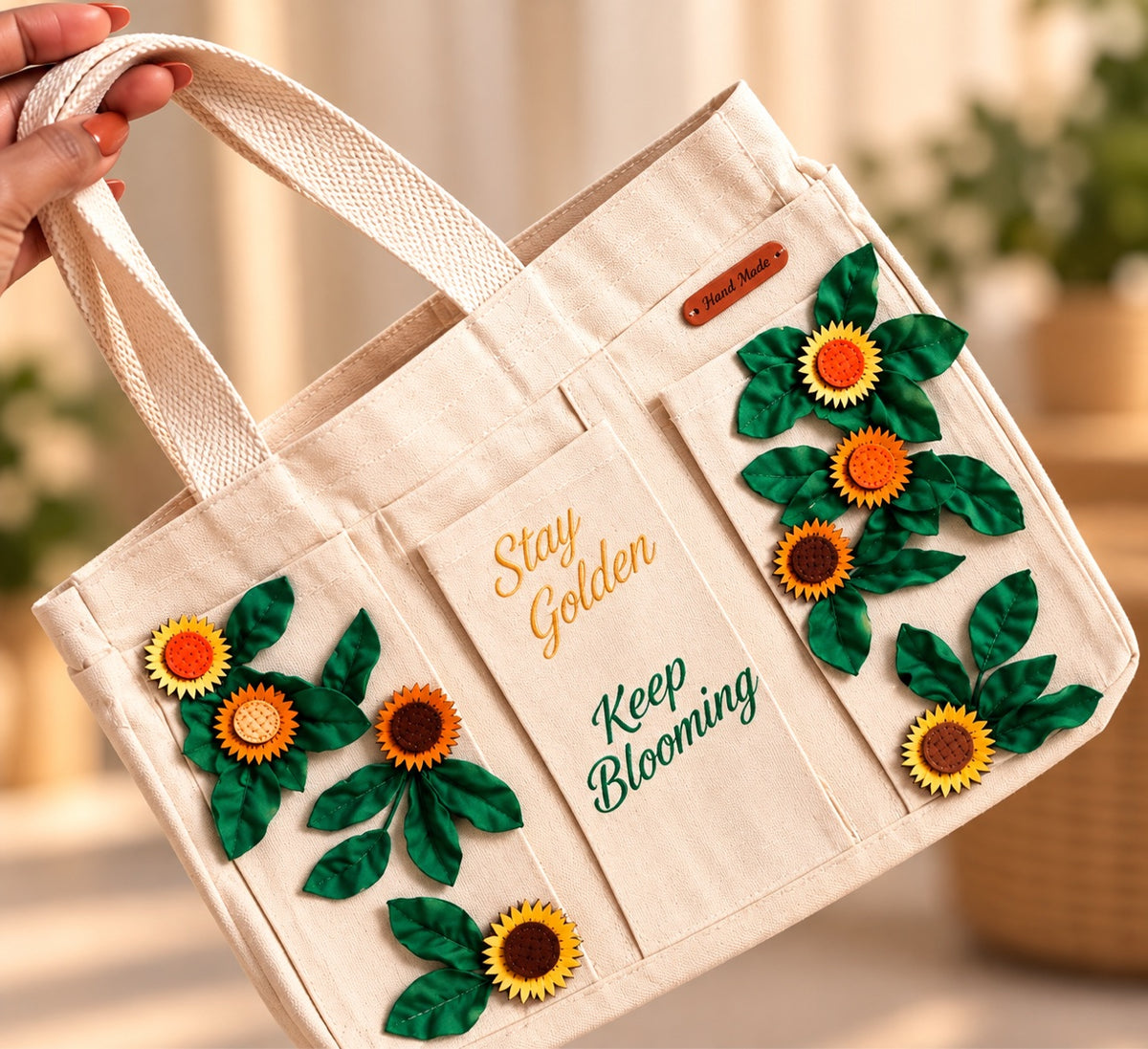 Keep Blooming Sunflower Tote by Prudence New York — handcrafted canvas tote with sunflower appliqués